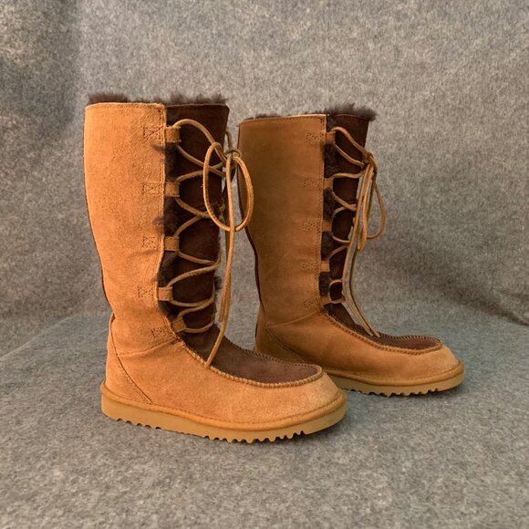 UGG Australia 5278 Girls Youth Tall Sheepskin Brown Leather Suede Lace Up Boots - Picture 8 of 13